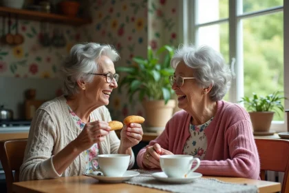 Deux femmes âgées rient en dégustant des madeleines dans la cuisine