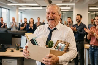 Homme souriant partant à la retraite tenant un carton de bureau rempli d'affaires personnelles entouré de collègues applaudissant