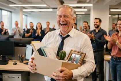 Homme souriant partant à la retraite tenant un carton de bureau rempli d'affaires personnelles entouré de collègues applaudissant