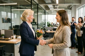 Femme à la retraite recevant des vœux de départ de sa collègue dans un bureau moderne en 2026