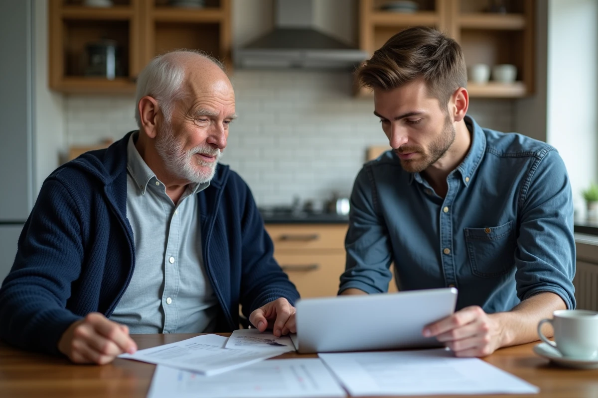 Grand-père et son fils adulte discutant de documents liés à l'APA et à la succession autour d'une table de cuisine