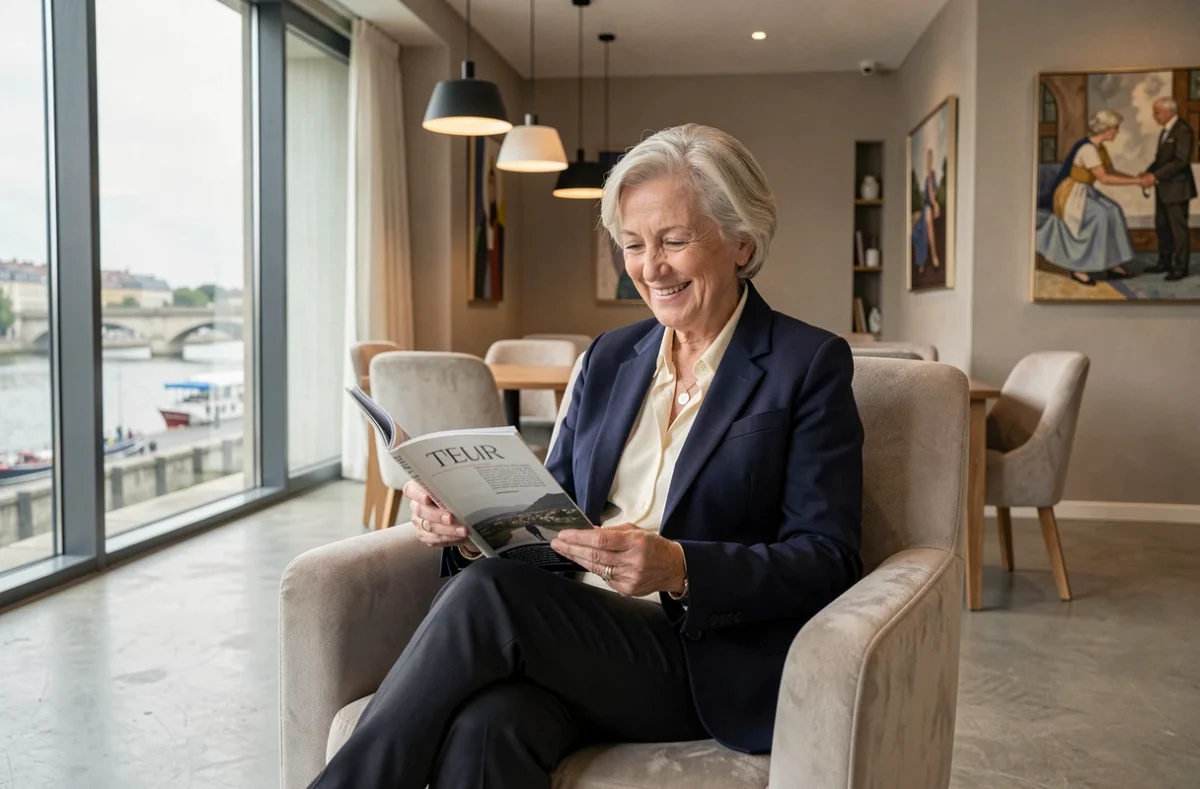 Senior élégante dans le salon moderne de la résidence Domitys Le Pont des Lumières à Lyon, avec vue sur les bords du Rhône