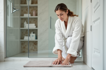 Femme posant un tapis antidérapant dans la douche