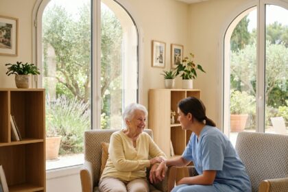 Résidente âgée et aide-soignante en conversation dans le salon chaleureux d'un EHPAD moderne à Marseille, La Villa des Poètes LNA Santé
