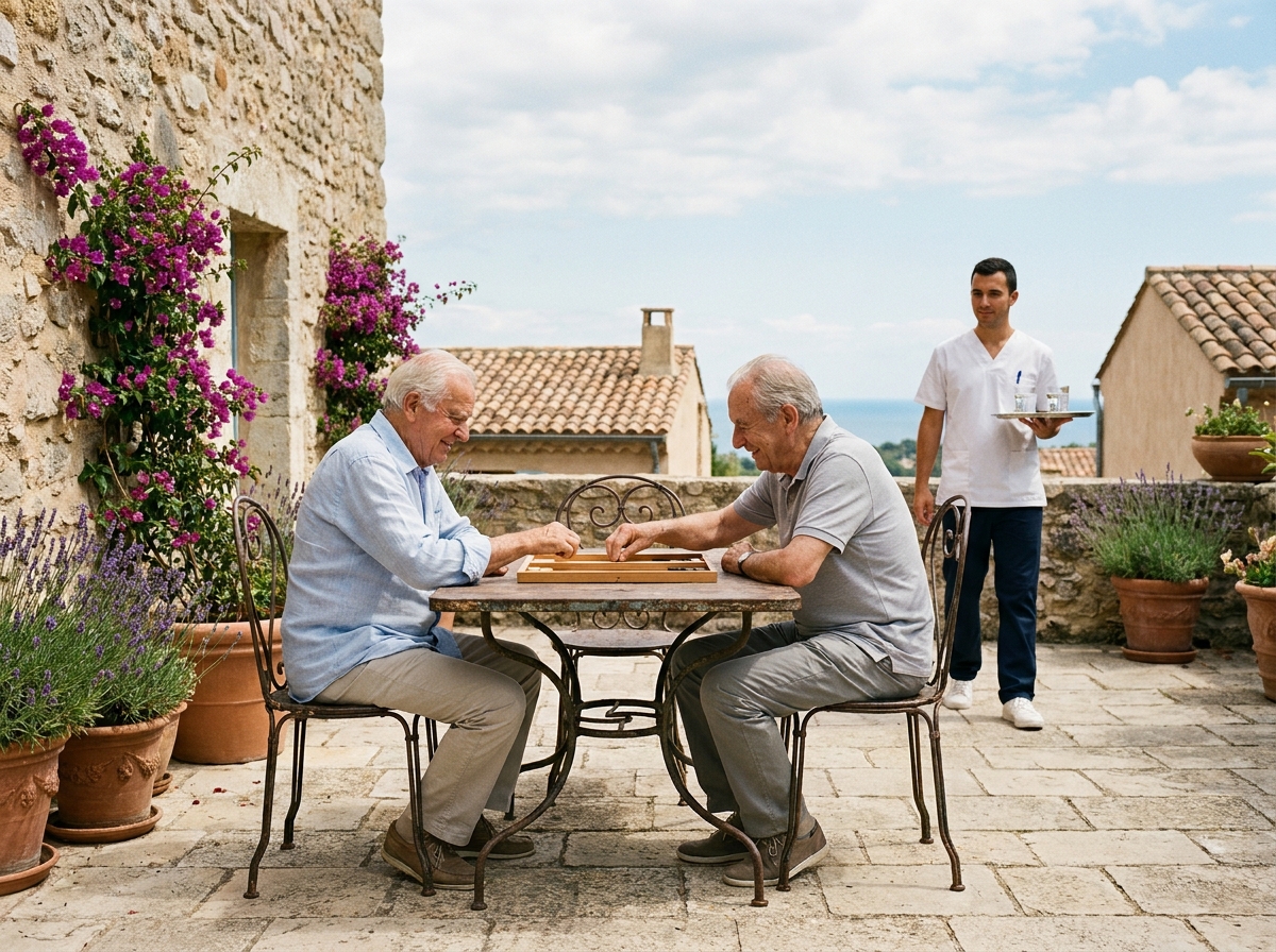 Deux résidents seniors jouant en plein air sur la terrasse ensoleillée d'un EHPAD à Marseille, ambiance conviviale à La Villa des Poètes
