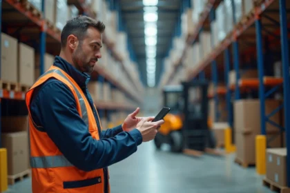 Employé logistique utilisant une application de télégestion sur smartphone dans un entrepôt industriel