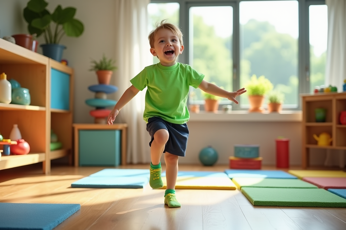 Jeune garçon montrant ses chaussettes antidérapantes dans la salle de jeux