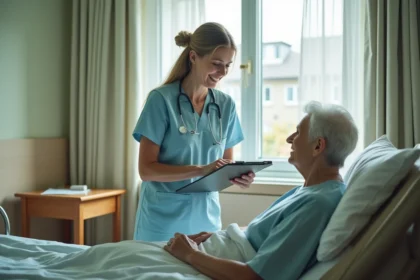 Infirmière gériatrique évaluant les activités de la vie quotidienne d'une patiente âgée avec une grille d'évaluation ADL en milieu hospitalier
