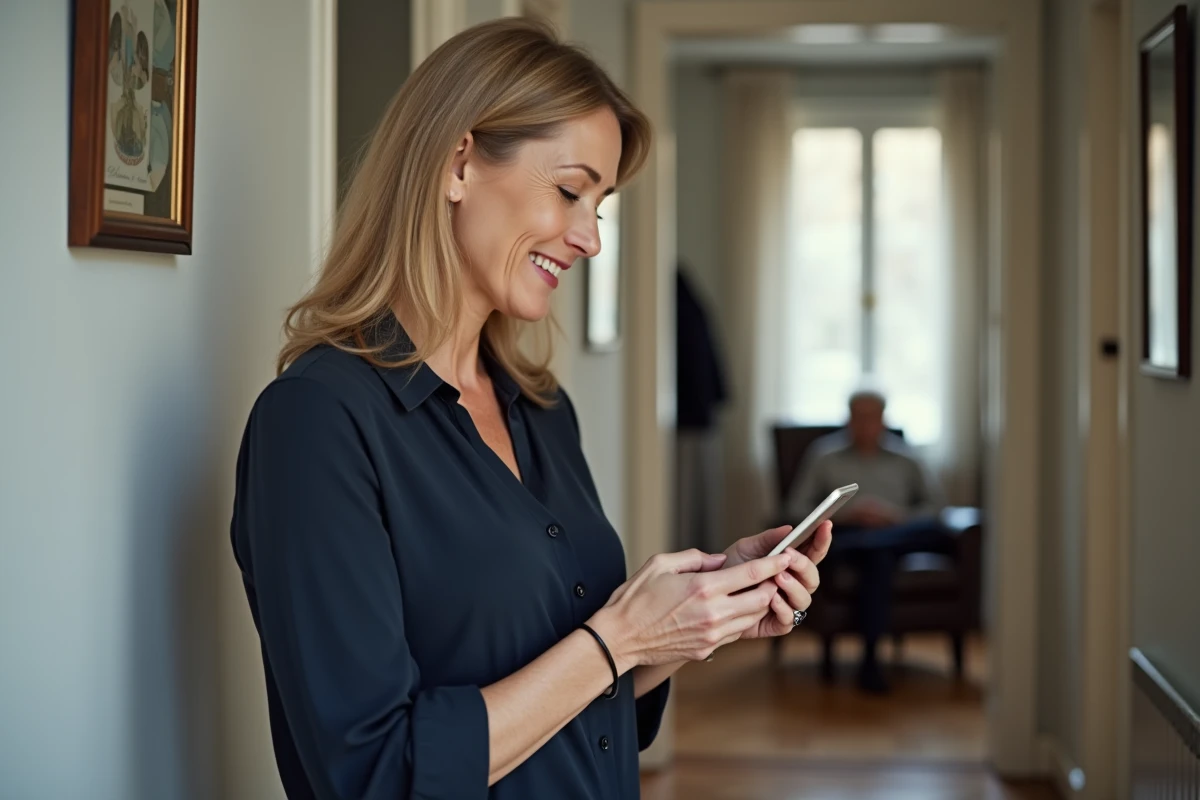 Fille de famille vérifiant les alertes de chute de sa mère senior sur son smartphone à domicile