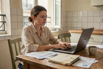 Femme consultant des fiches de paie et documents administratifs liés à l'AAH et aux revenus fluctuants en intérim