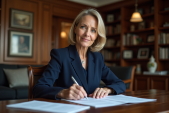 Femme d'affaires en costume lisant des documents