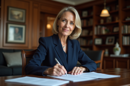 Femme d'affaires en costume lisant des documents