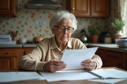 Femme âgée dépassée par les documents administratifs liés à l'APA, découvrant trop tard les contraintes du dispositif