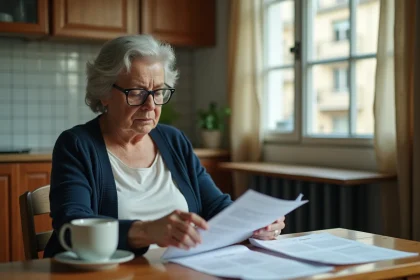 Une femme âgée examine ses relevés bancaires à une table de cuisine, illustrant les pièges financiers liés à l'ASPA et aux placements en 2026