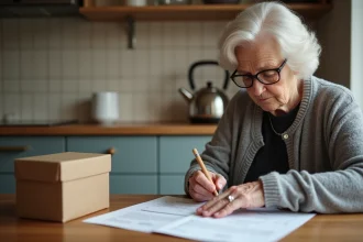 Une femme âgée examine attentivement sa facture de portage de repas à domicile à sa table de cuisine