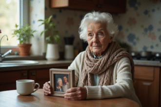 Femme agee tenant une photo de famille dans une cuisine chaleureuse
