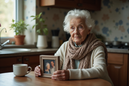 Femme agee tenant une photo de famille dans une cuisine chaleureuse