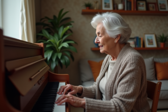 Femme agee jouant du piano dans un salon chaleureux