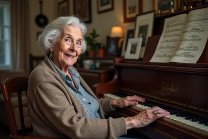 Femme agee jouant du piano avec nostalgie dans un salon