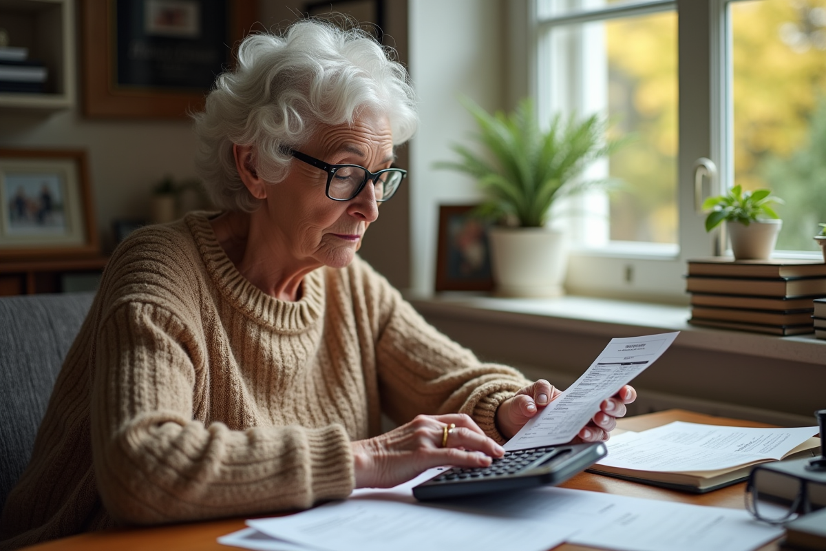 Femme âgée utilisant une calculatrice dans son salon