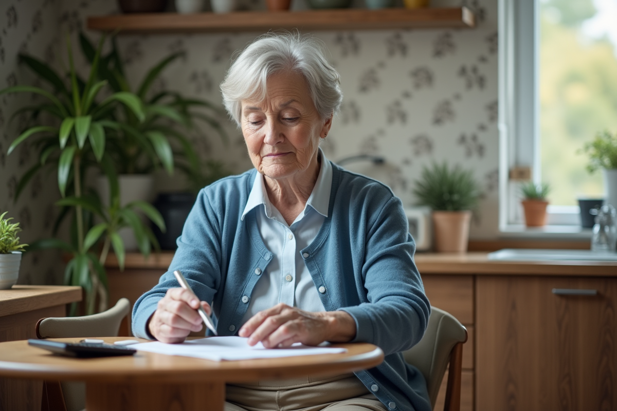 Femme âgée en train de revoir ses documents à la maison