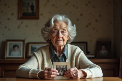 Femme âgée tenant une photo nostalgique dans un intérieur chaleureux