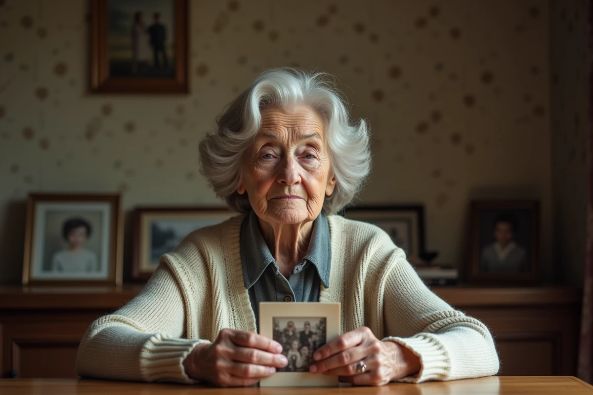 Femme âgée tenant une photo nostalgique dans un intérieur chaleureux