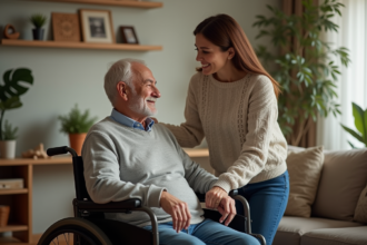 Femme aidant son père en fauteuil dans un salon chaleureux