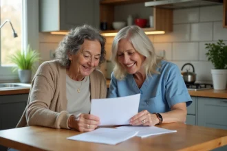 Femme souriante et aide-soignante discutant de papiers à la cuisine