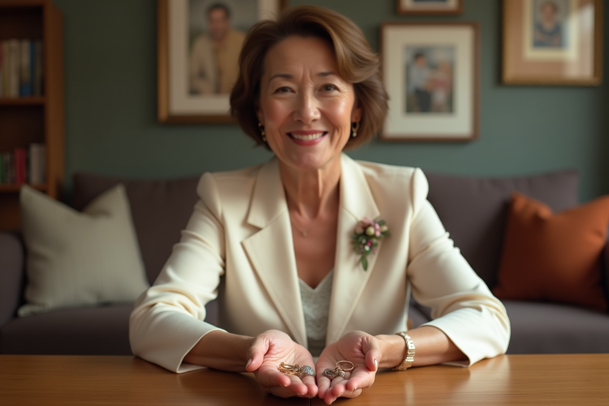 Femme d'âge moyen tenant des alliances dans un salon chaleureux