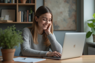 Jeune femme au bureau choisissant une playlist sur son ordinateur