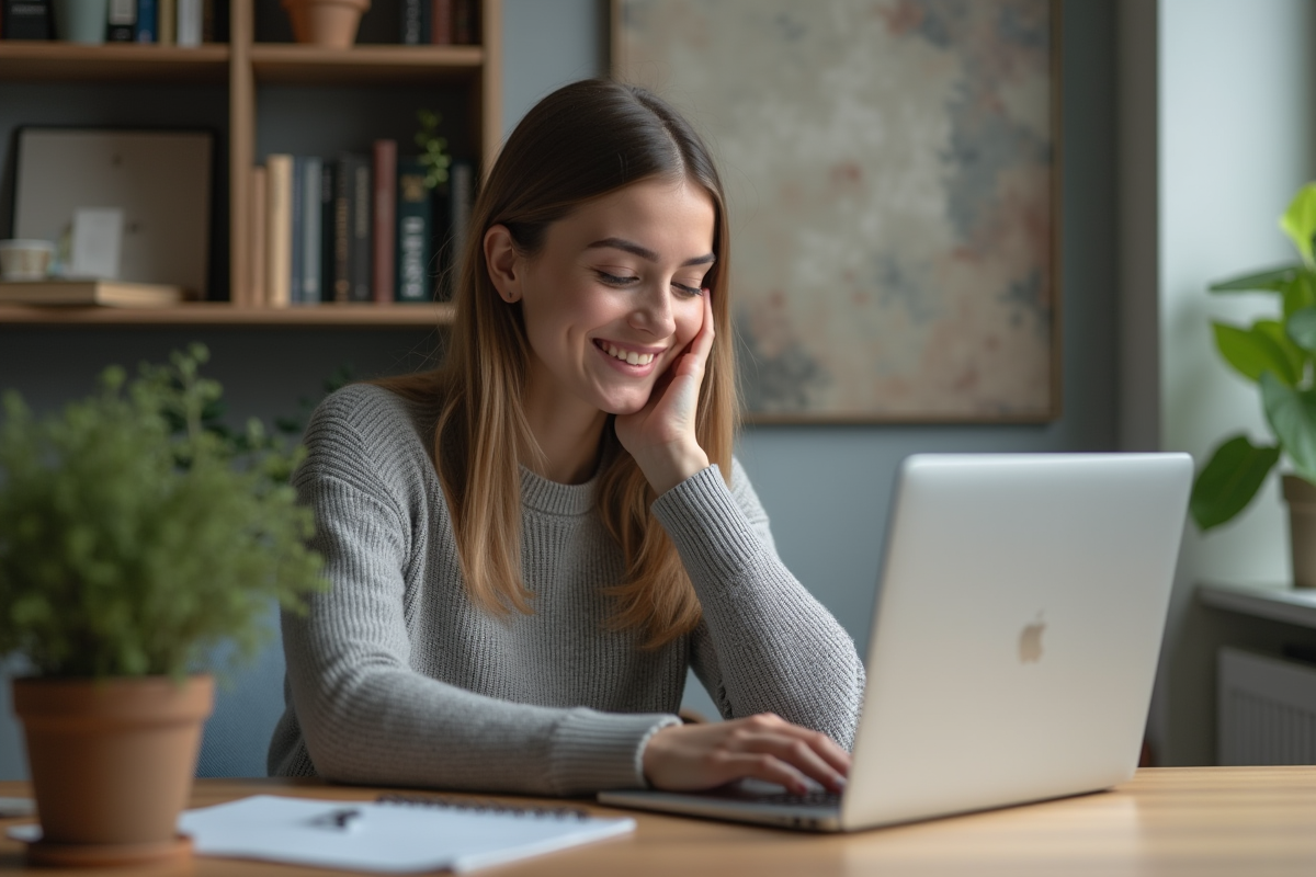 Jeune femme au bureau choisissant une playlist sur son ordinateur