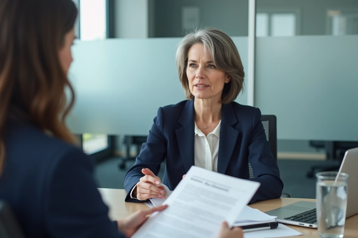 Femme cadre en réunion RH discutant des indemnités de départ à la retraite avec des documents officiels