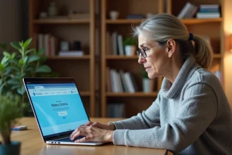 Femme de 50 ans consultant son compte Agirc Arrco via France Connect sur un ordinateur portable dans un bureau à domicile