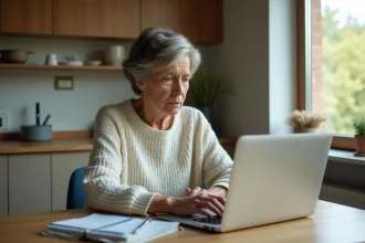 Femme d'âge moyen concentrée sur son ordinateur dans la cuisine