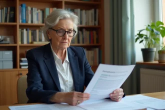 Femme de 58 ans consultant ses documents de retraite Agirc-Arrco à son bureau à domicile
