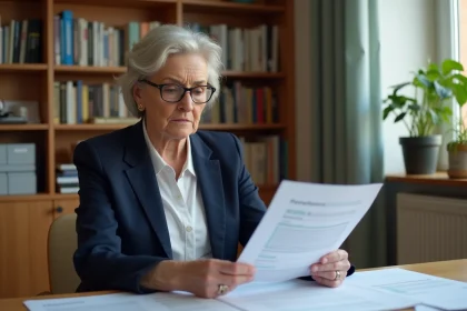 Femme de 58 ans consultant ses documents de retraite Agirc-Arrco à son bureau à domicile