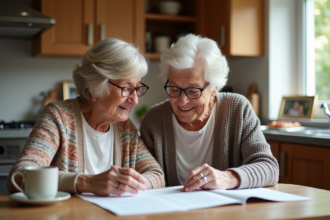 Femme âgée et sa fille lisant des documents ensemble