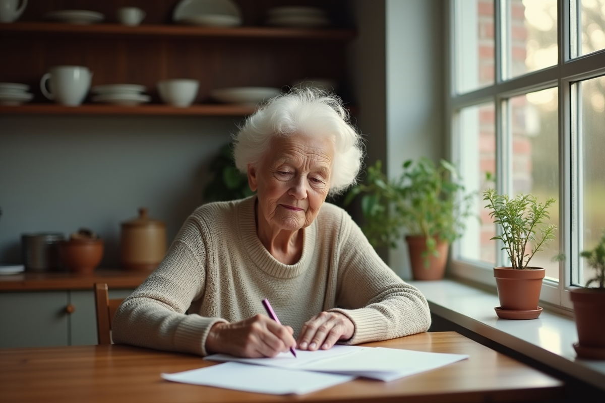 Femme âgée lisant une lettre à la maison près de la fenêtre