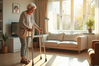 Femme âgée utilisant un marcheur dans un salon lumineux