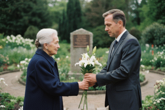 Femme âgée offrant des lys blancs à un homme en costume