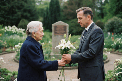 Femme âgée offrant des lys blancs à un homme en costume
