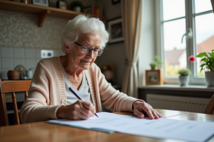 Femme âgée lisant des documents de santé à la maison