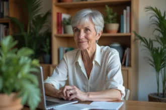 Femme confiante étudie en ligne dans son salon lumineux
