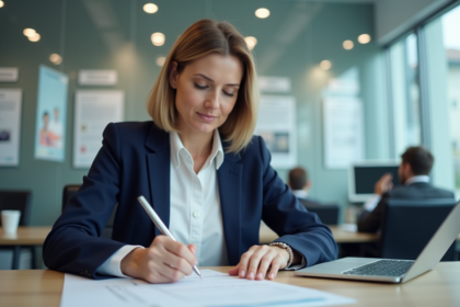 Femme remplissant un formulaire de transport dans un bureau moderne