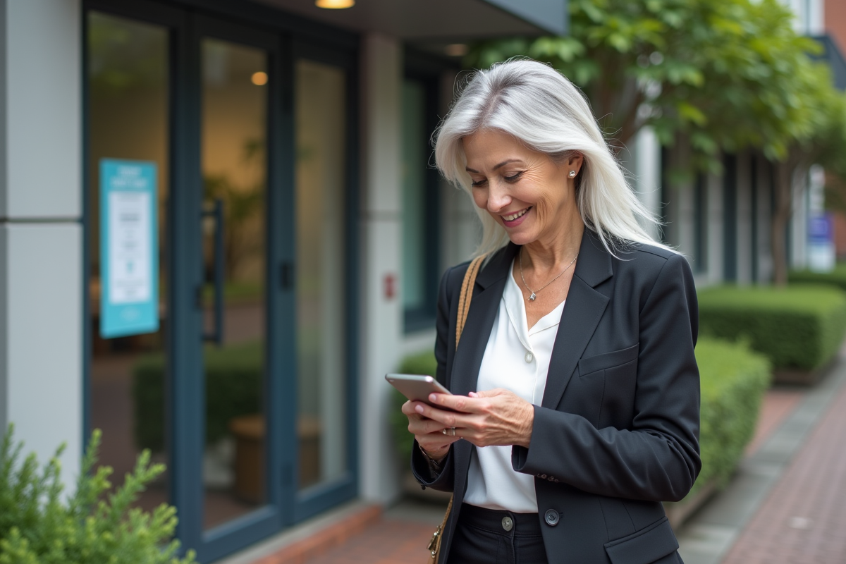 Femme de 65 ans utilise son smartphone devant un centre d