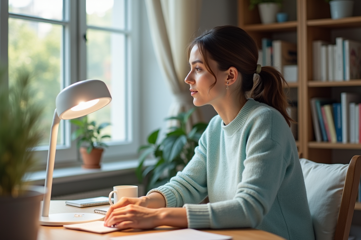 Femme ajustant une lampe de phototherapie dans un bureau lumineux