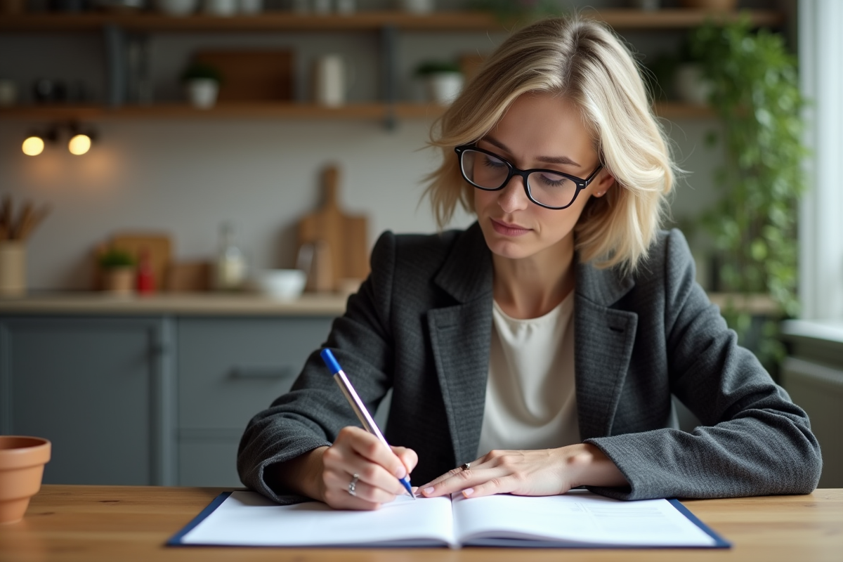 Femme d'âge moyen lisant des papiers dans une cuisine chaleureuse