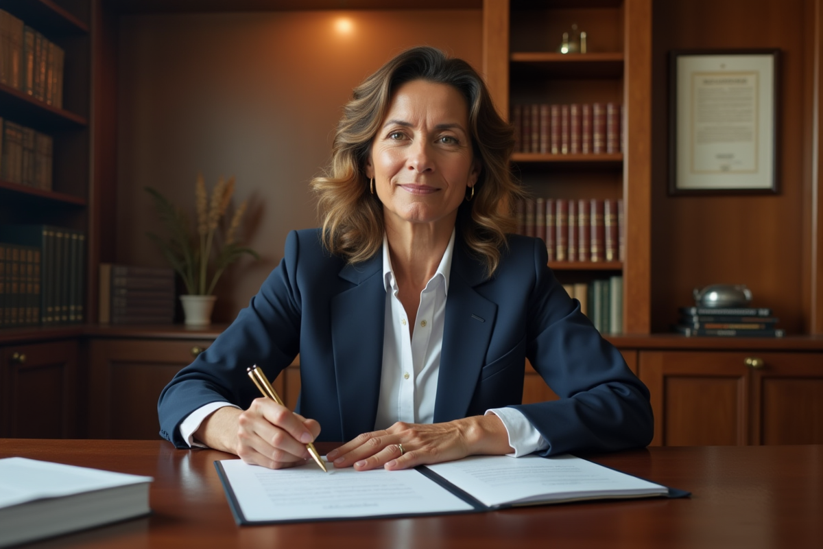 Femme d'âge moyen remplissant des papiers dans un bureau notarial