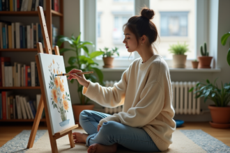 Femme peignant dans un appartement cosy et lumineux